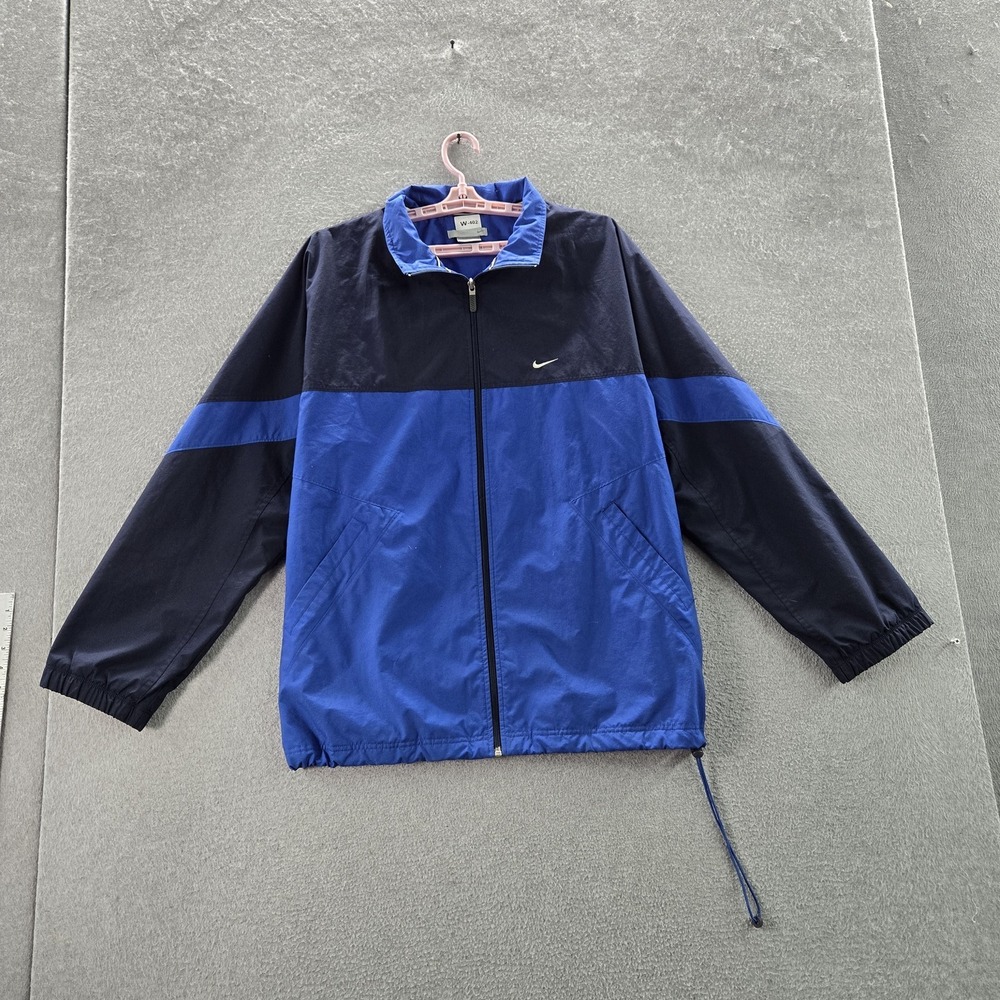VINTAGE Nike Men Jacket L Blue Nylon Y2K Colorblock Mini Swoosh Embroidered READ